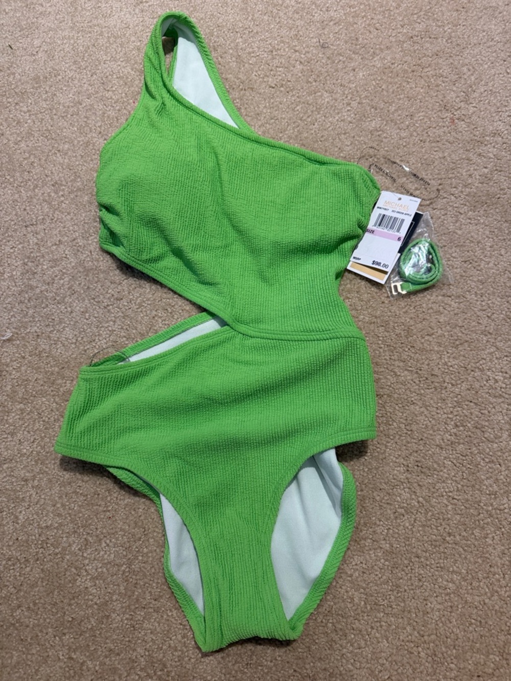 Michael Kors Green Apple Textured One-Shoulder Swimsuit with Strap